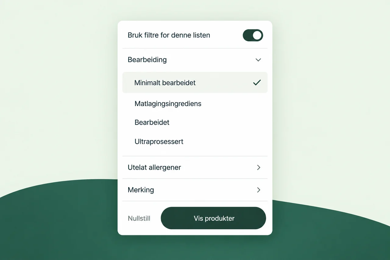 Listefiltre med Bruk filtre for denne listen slått på, Minimalt bearbeidet valgt og egne valg for allergener og merking.