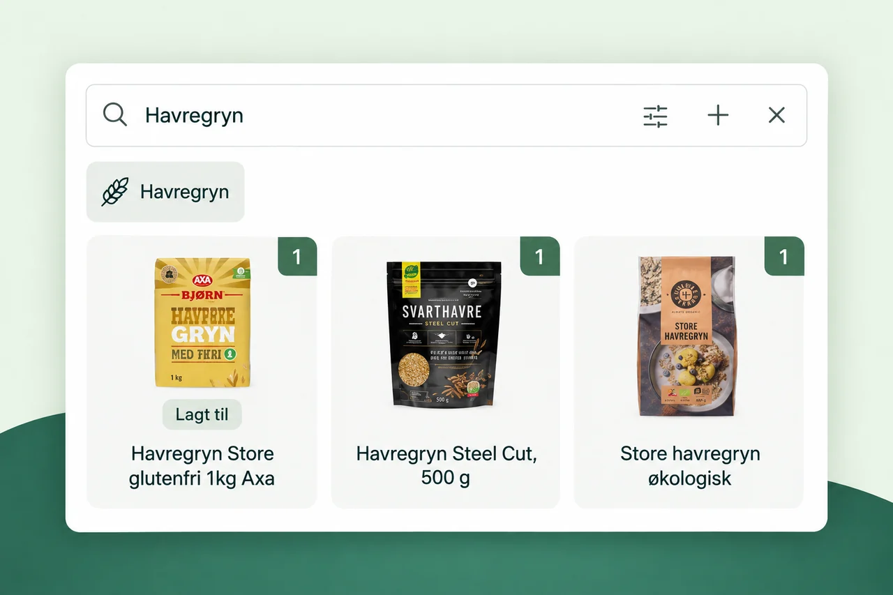 Søk på havregryn gir både en generell vare og konkrete produkter med produktbilder og NOVA-gruppe. Et produkt er merket Lagt til.