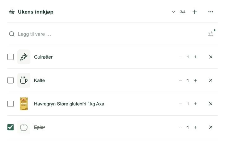Den faktiske listen Ukens innkjøp med tre varer igjen og epler krysset av.