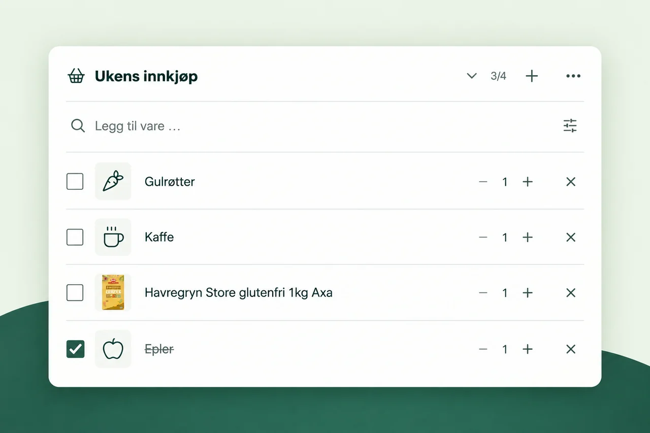 Eksempel på en handleliste: Ukens innkjøp med gulrøtter, kaffe og havregryn. Epler er krysset av, og tre av fire varer gjenstår.